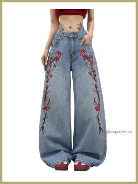 Womens Baggy Wide Leg Jeans Mid Rise Denim Boyfriend Trousers